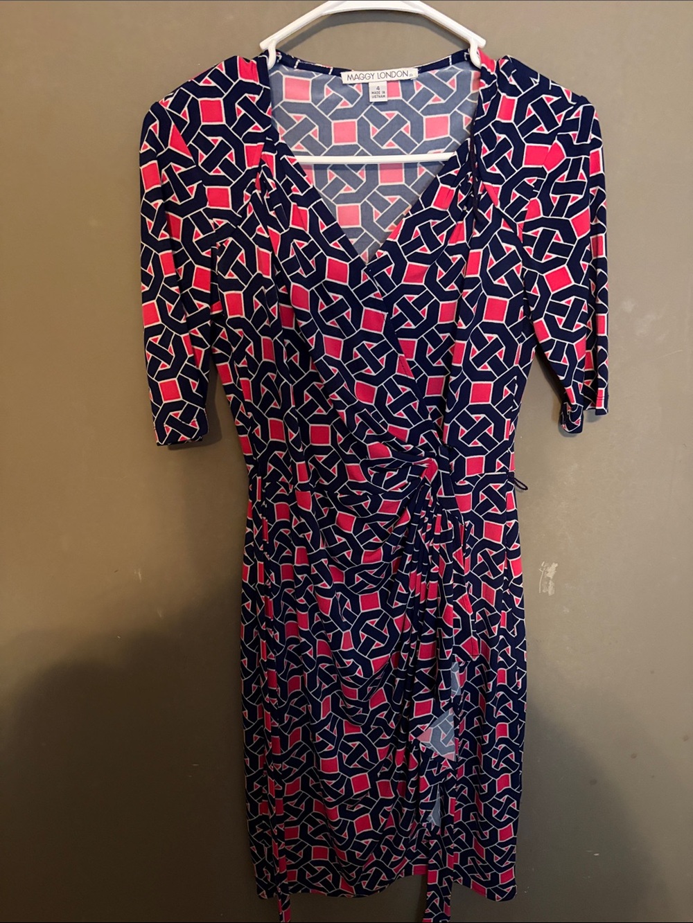 Maggy London Navy and Pink Geometric Wrap Midi Dress